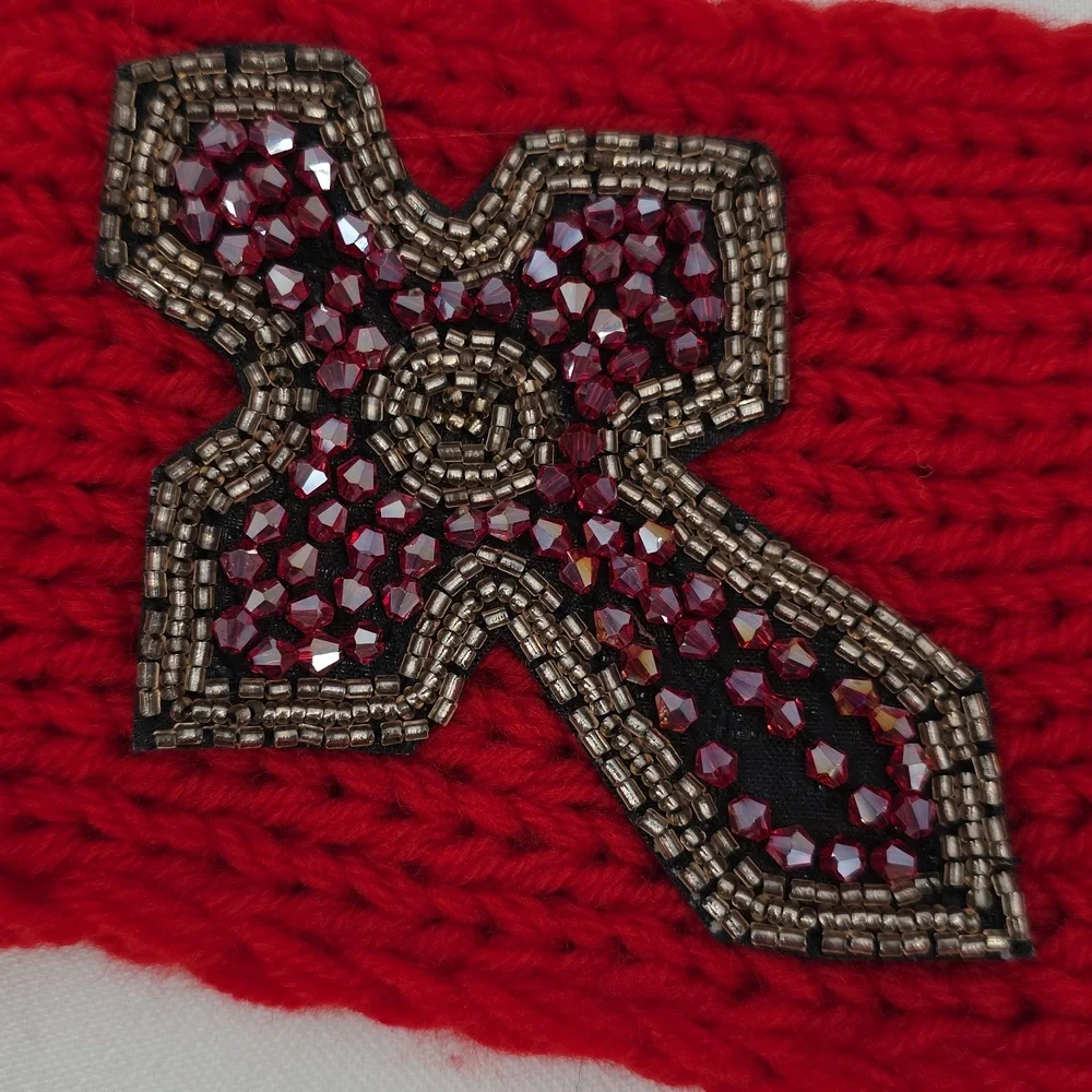 VERY MODA Red Knit Sequin Cross‎ Embellished Headband One Size NWT